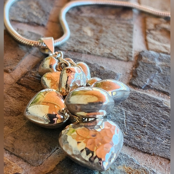 Sterling Silver Hammered Hearts LONG Necklace
